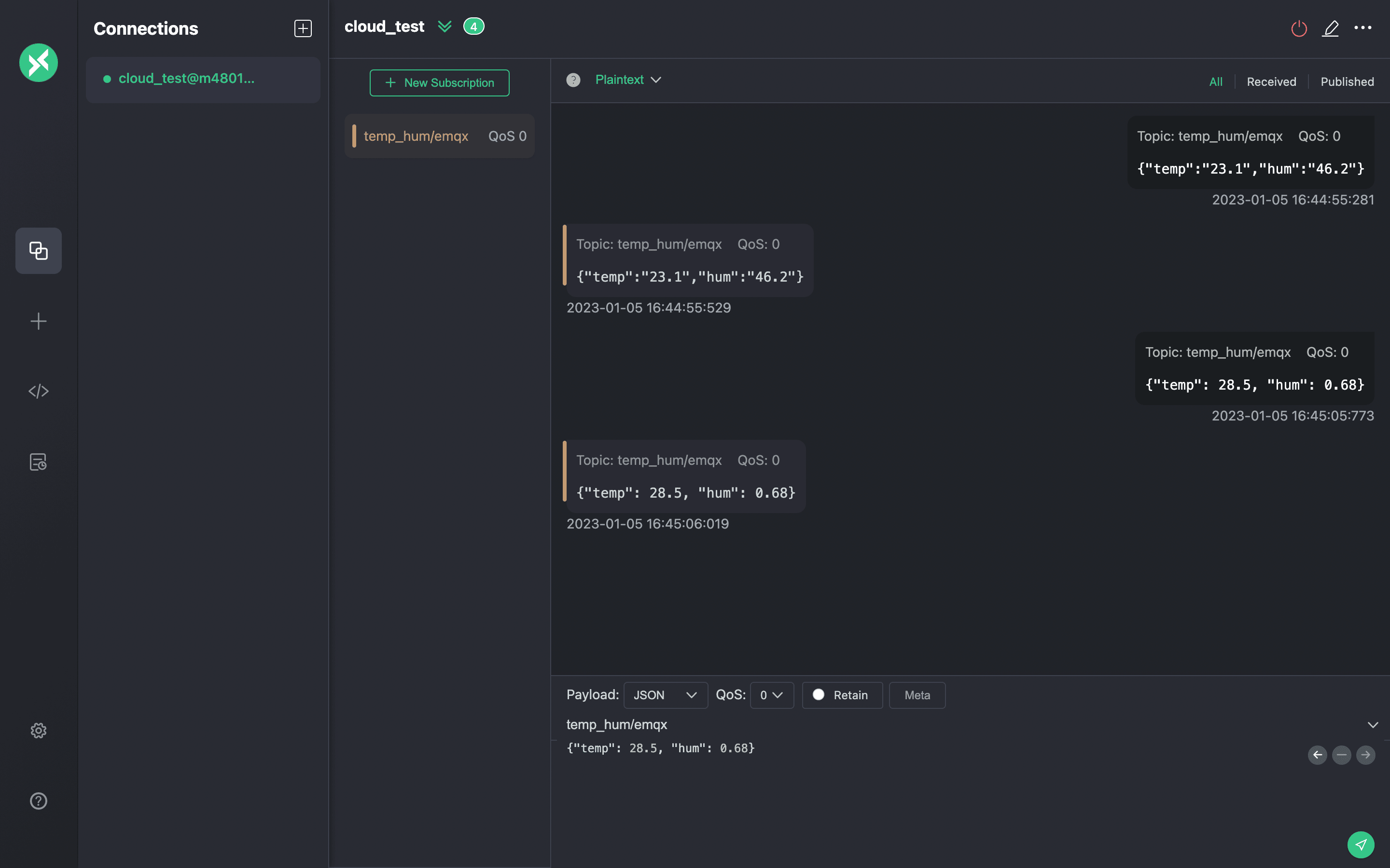 显示消息编写界面的 MQTTX 发布 MQTT 消息界面