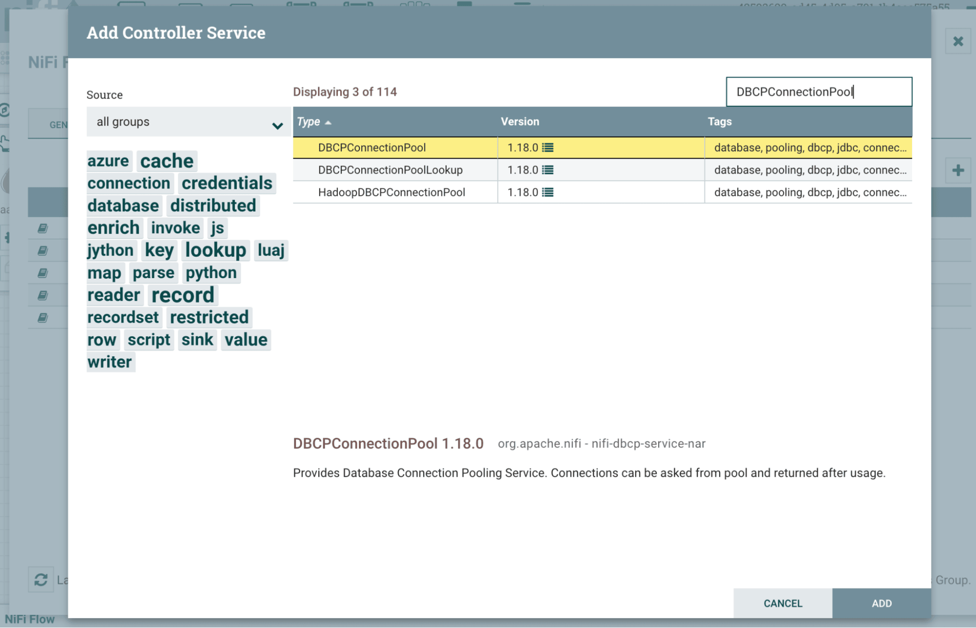 突出显示 DBCPConnectionPool 的 Controller Service 选择对话框