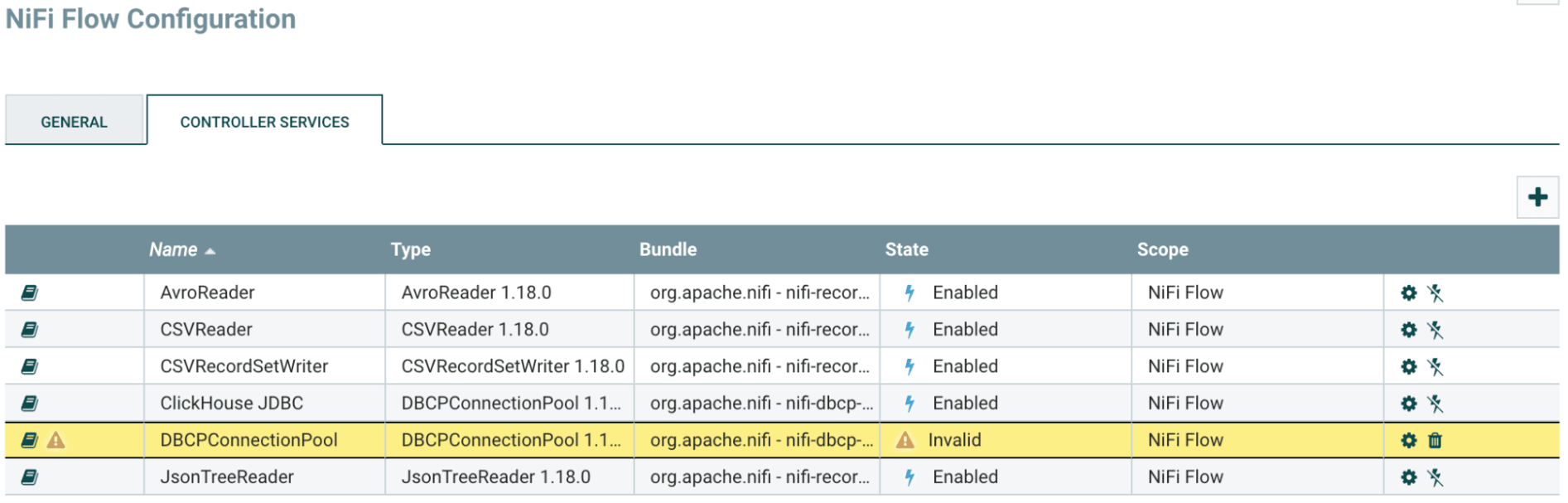 显示处于 Invalid 状态的 DBCPConnectionPool 且突出显示齿轮按钮的 Controller Services 列表