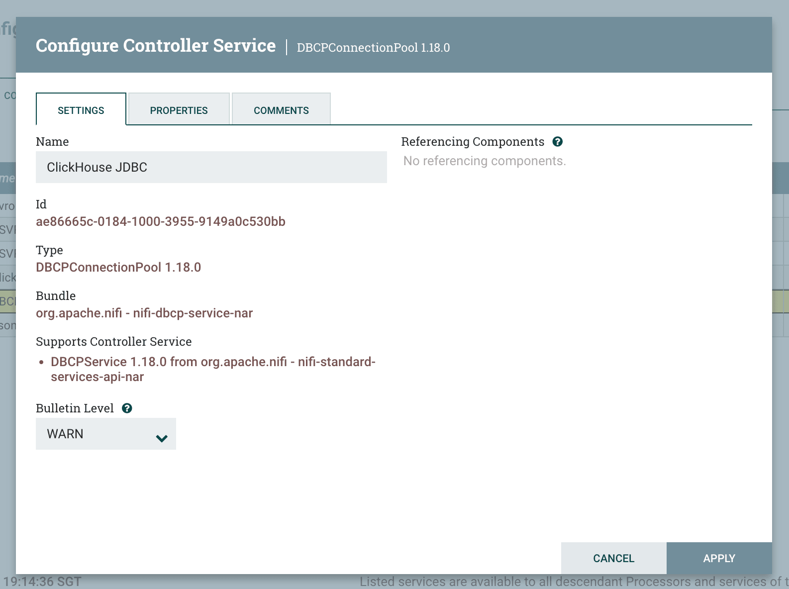 显示已填写属性的 DBCPConnectionPool 配置对话框