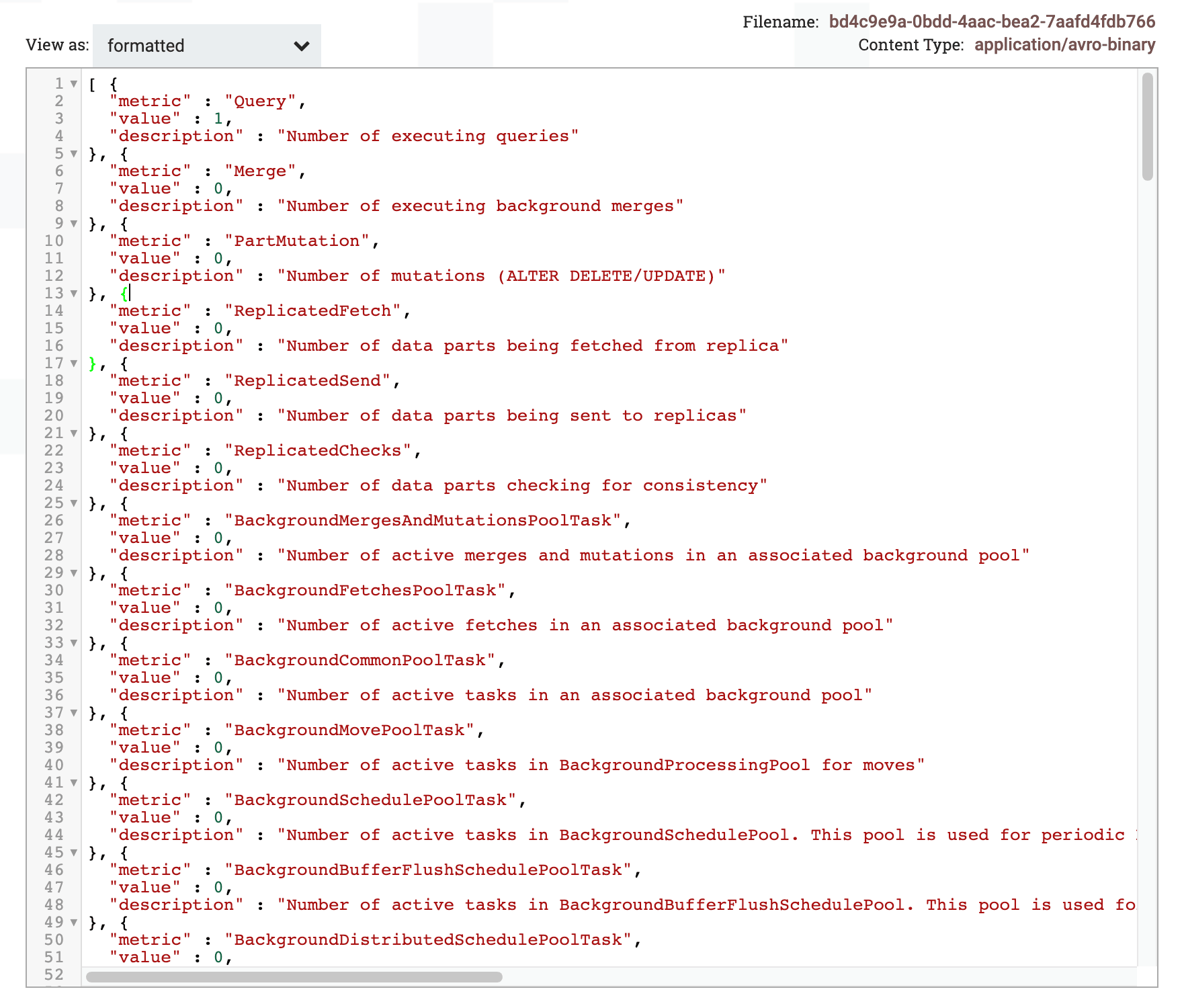 FlowFile 内容查看器，以 formatted 视图显示查询结果