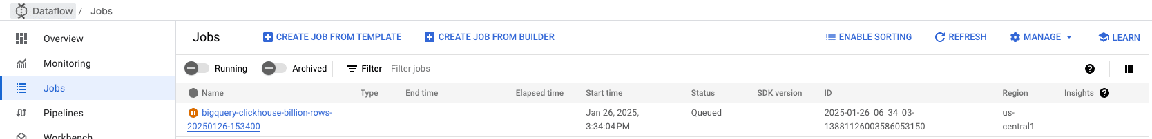 Consola de Dataflow que muestra un trabajo de BigQuery a ClickHouse en ejecución
