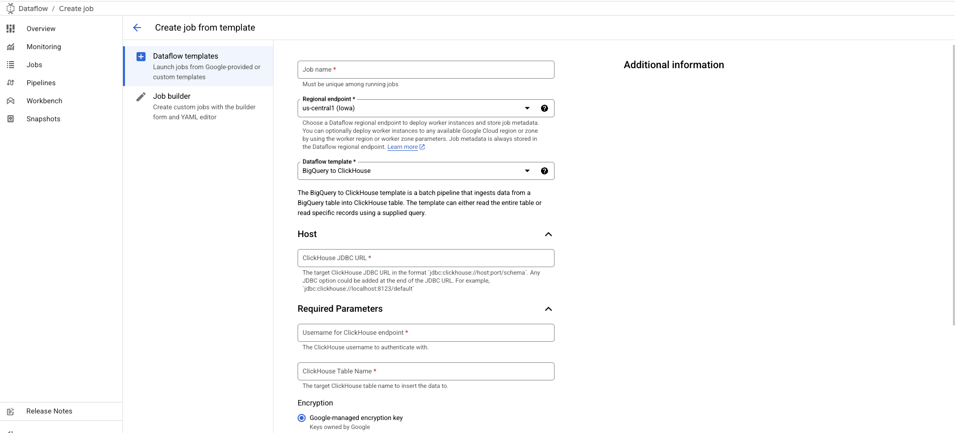 formulario ampliado de la plantilla BigQuery to ClickHouse