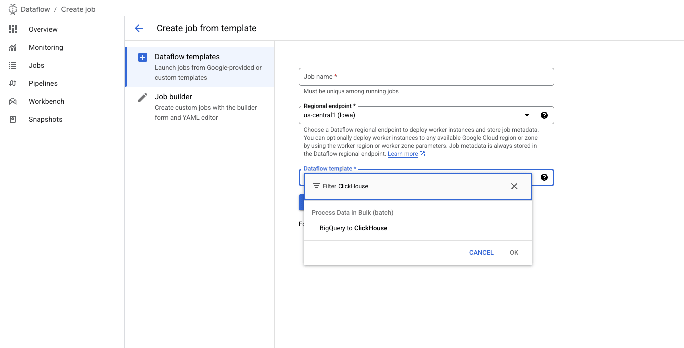 Seleccionar plantilla BigQuery to ClickHouse