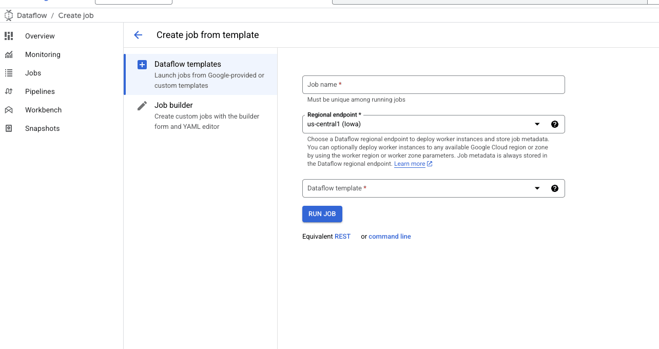 formulario inicial de la plantilla de DataFlow