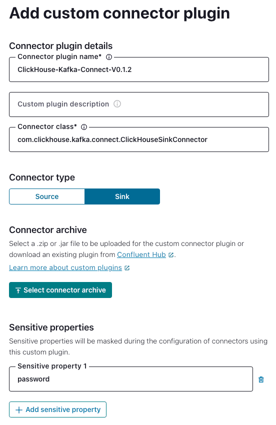 Confluent Platform UI，显示添加自定义 ClickHouse 连接器的设置