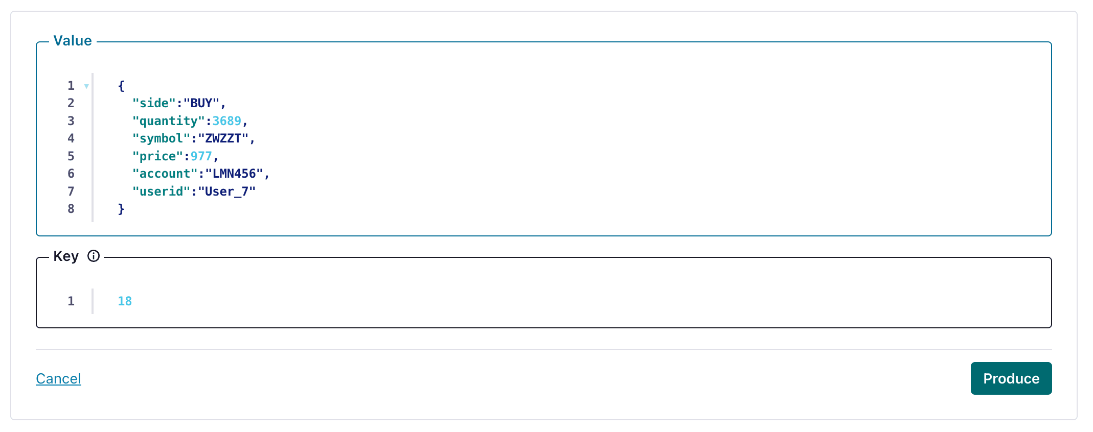 展示如何在 Kafka topic 中创建测试消息的 Confluent Cloud 界面