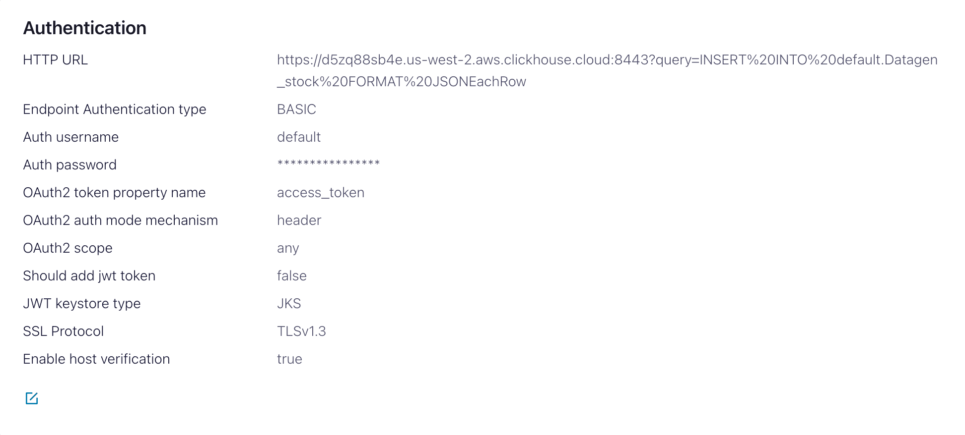 展示 HTTP Sink 连接器身份验证设置的 Confluent Cloud 界面