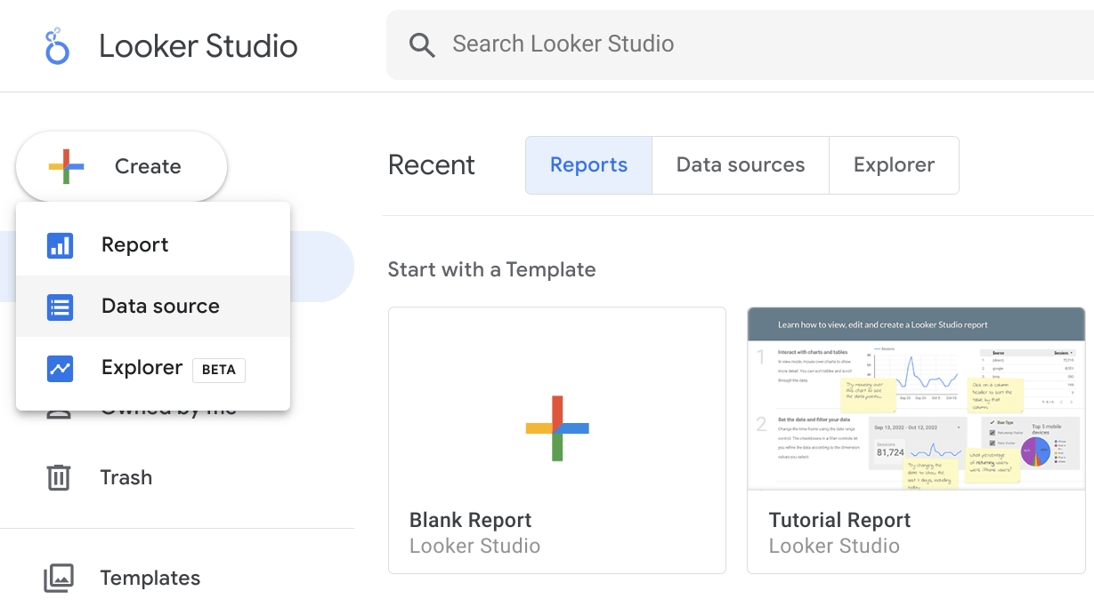 إنشاء مصدر بيانات جديد في واجهة Looker Studio