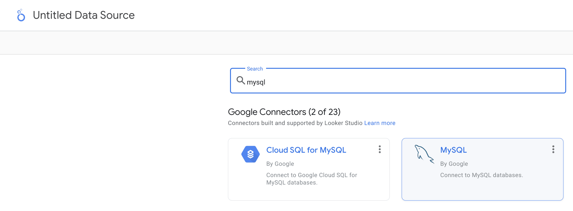 البحث عن موصل MySQL في قائمة الموصلات في Looker Studio