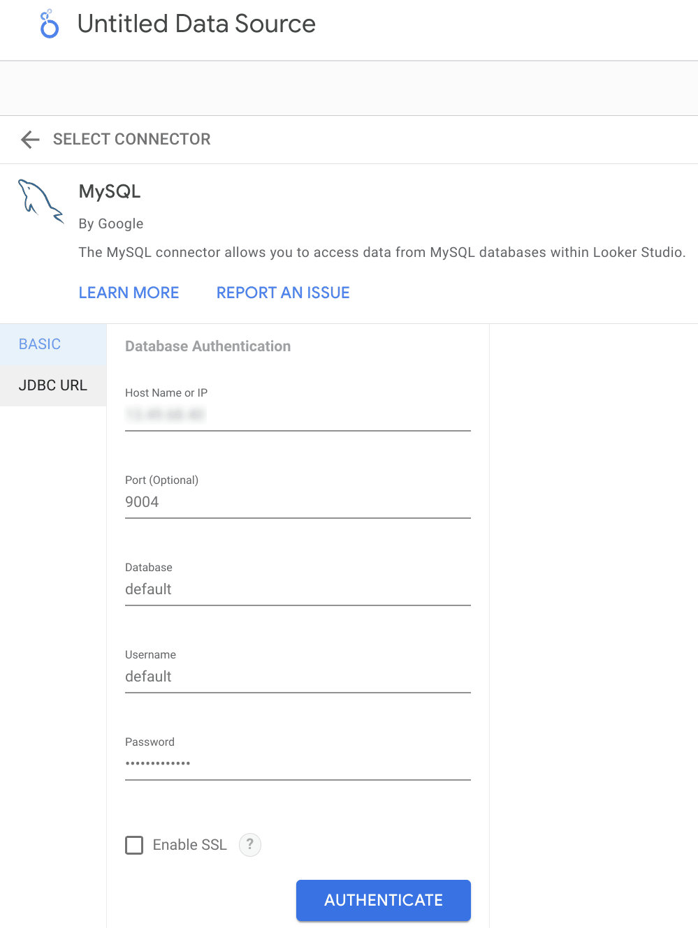تحديد تفاصيل اتصال MySQL الخاصة بـ ClickHouse في Looker Studio