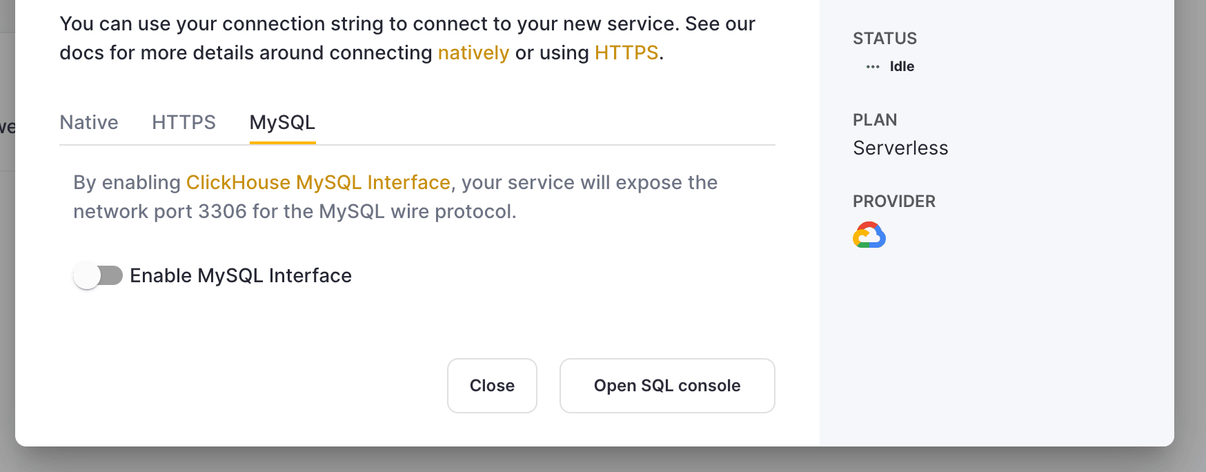 تمكين واجهة MySQL في إعدادات ClickHouse Cloud