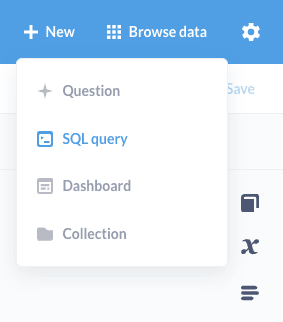 Меню New в Metabase с вариантами создания вопросов, SQL-запросов и панелей мониторинга