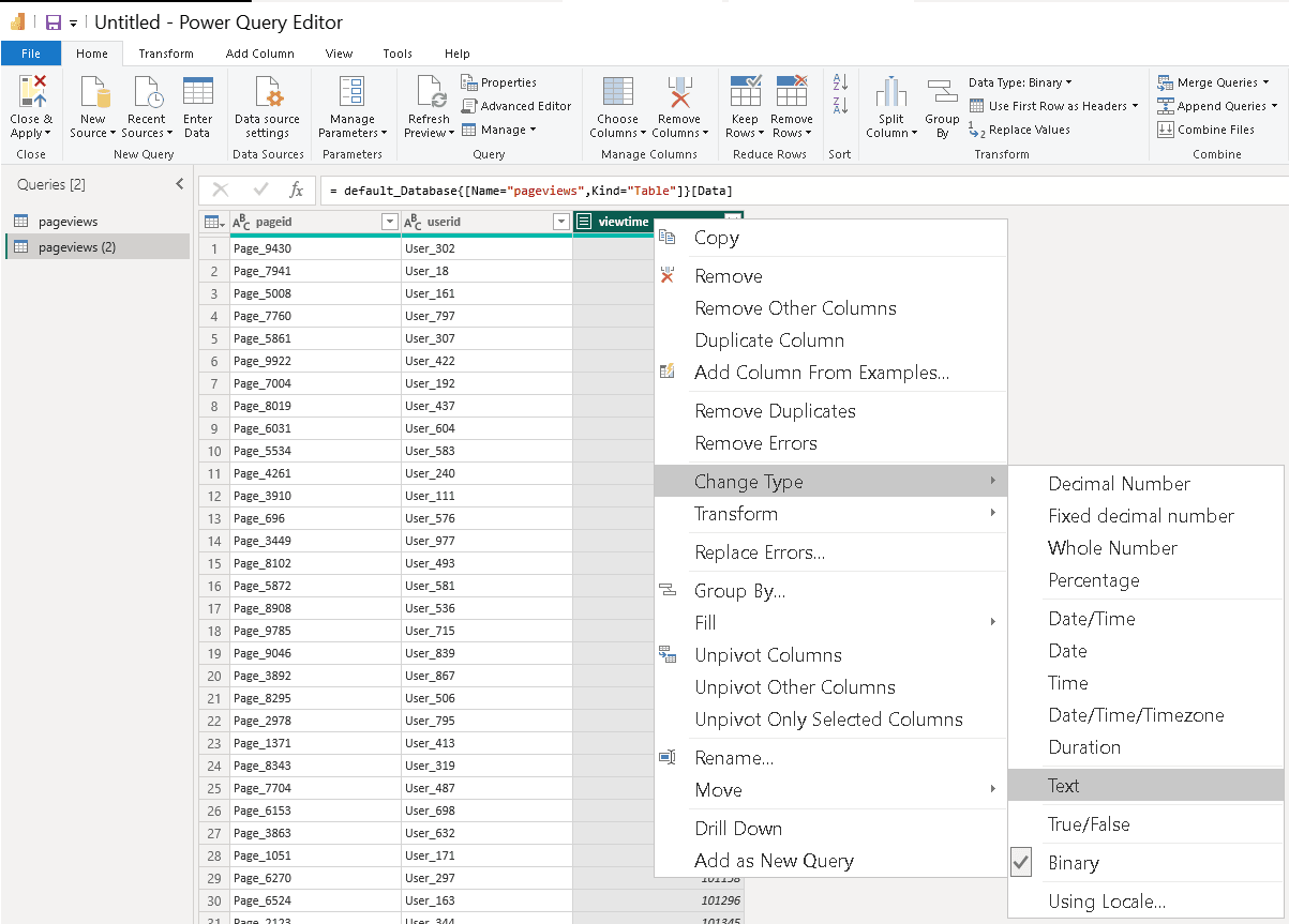 محرر Power Query يعرض تحويل نوع البيانات لعمود UInt64