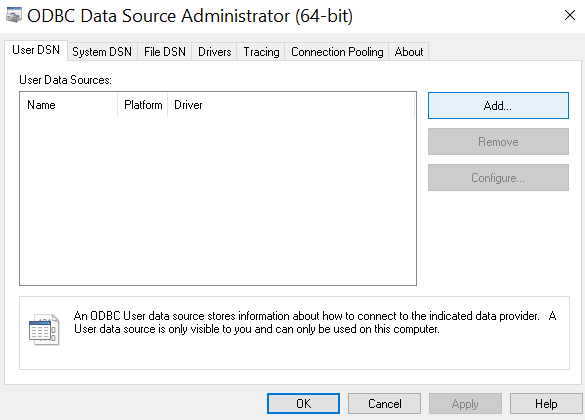 ODBC Data Source Administrator مع تمييز زر Add لإنشاء DSN جديد