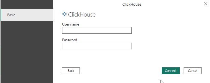 مربع حوار بيانات اعتماد اتصال ClickHouse لاسم المستخدم وكلمة المرور