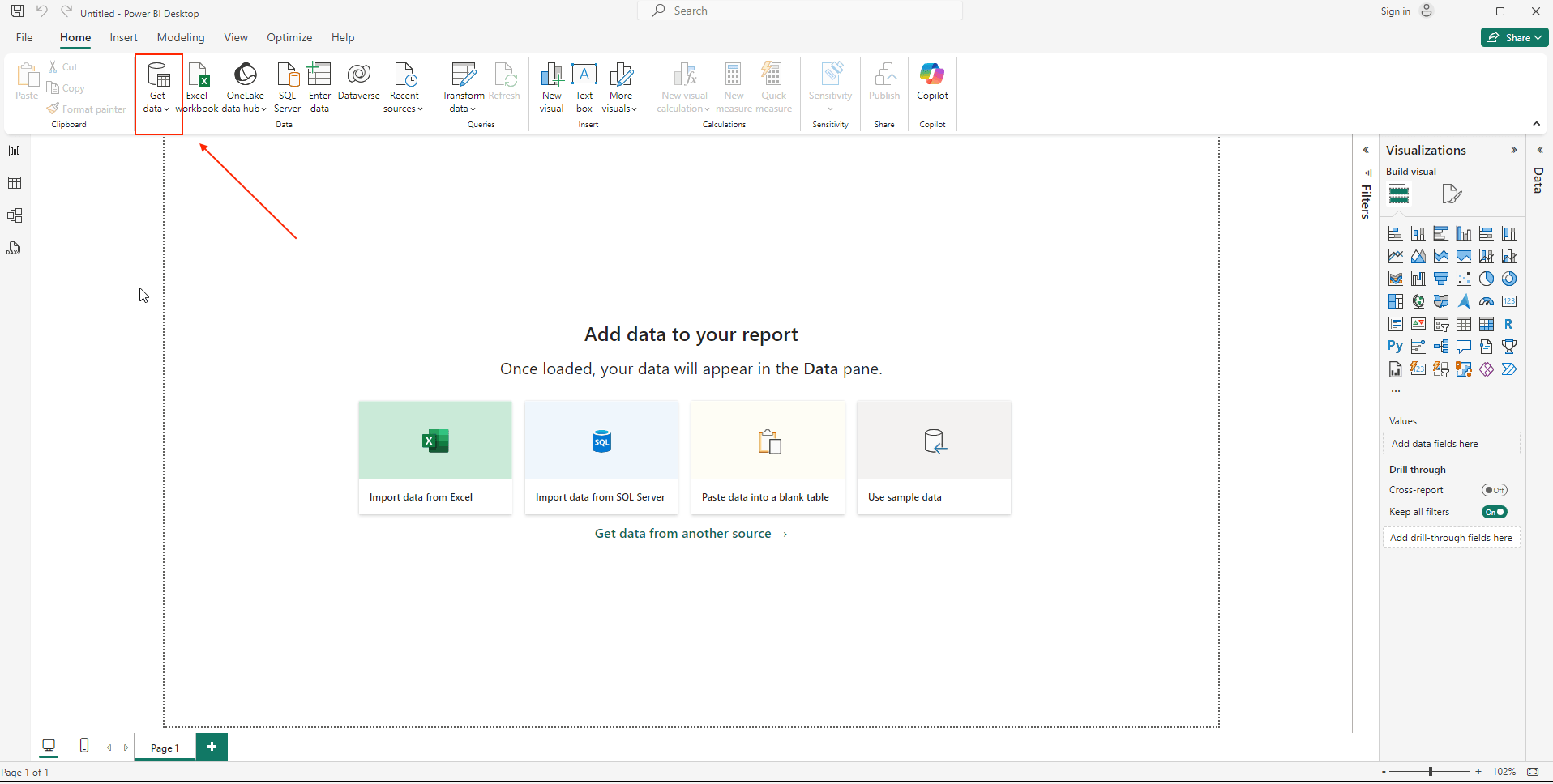 شاشة البدء في Power BI Desktop تعرض زر Get Data