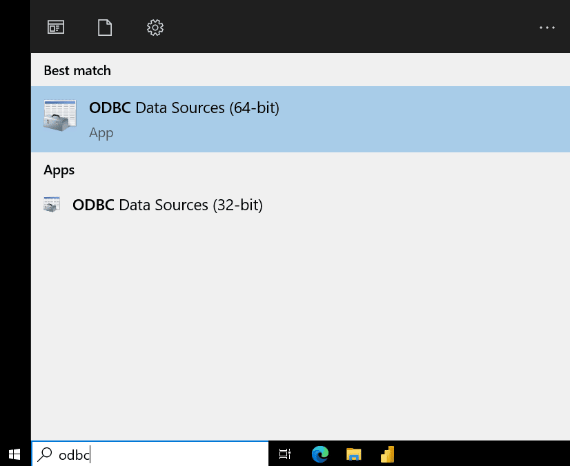 بحث Windows يُظهر خيار ODBC Data Sources (64-bit)