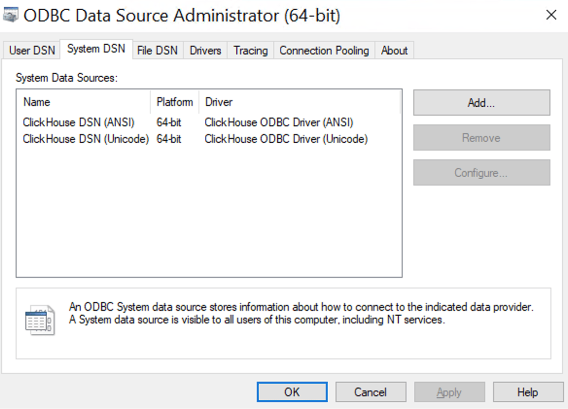 تعرض ODBC Data Source Administrator برامج تشغيل ClickHouse في علامة التبويب Drivers