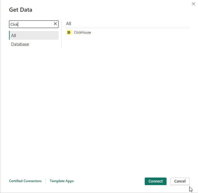 مربع الحوار Get Data في Power BI مع البحث عن ClickHouse في شريط البحث