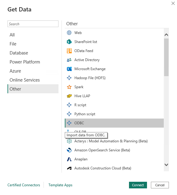مربع حوار Get Data في Power BI مع تحديد خيار ODBC ضمن فئة Other