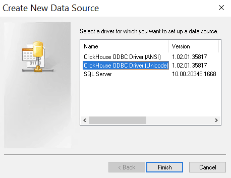 مربع حوار Create New Data Source يُظهر تحديد ClickHouse Unicode Driver