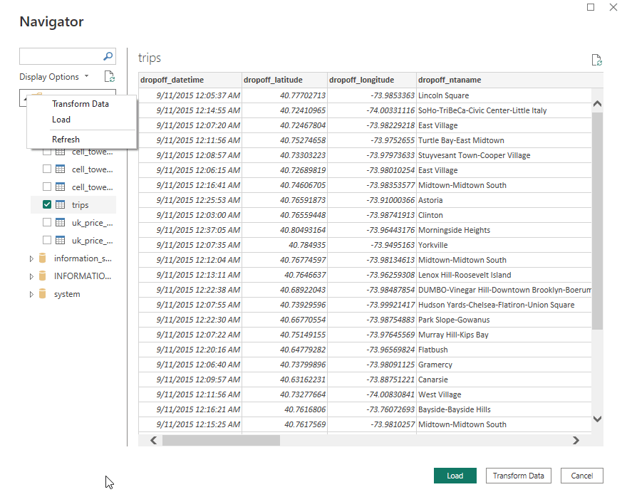 عرض Navigator في Power BI يُظهر جداول قاعدة بيانات ClickHouse وبيانات عيّنة
