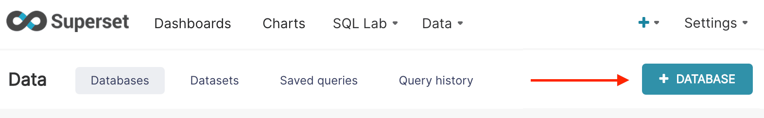 Superset 界面显示 Database 菜单，并高亮了 + Database 按钮