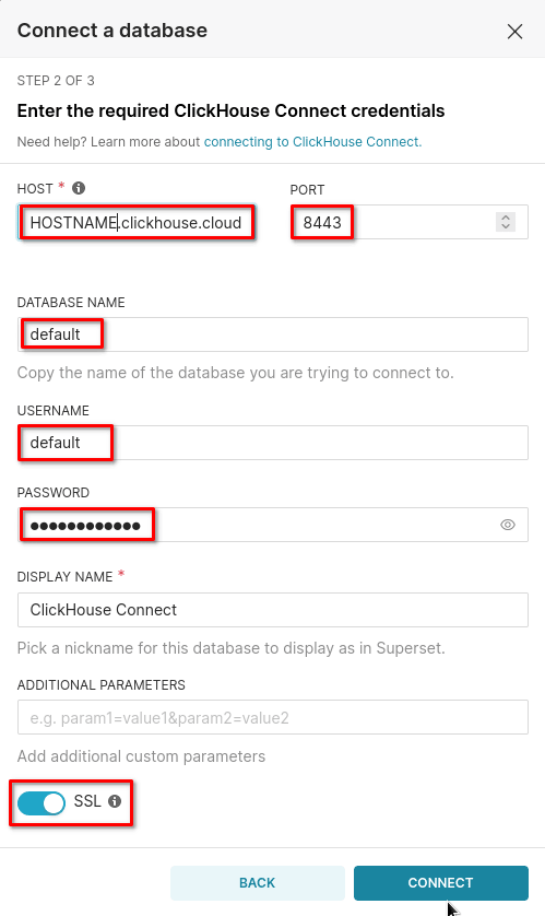 Superset 连接配置表单，显示 ClickHouse 连接参数