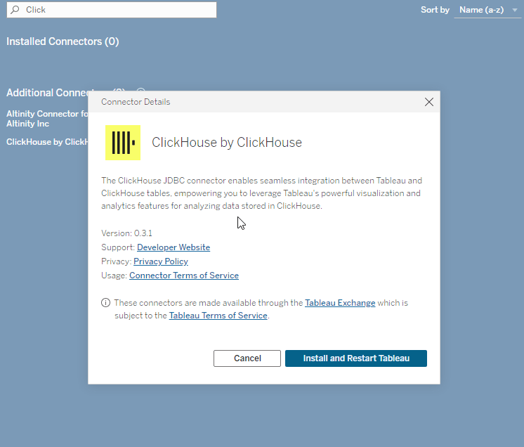 نافذة تثبيت موصّل Tableau تعرض تفاصيل موصّل ClickHouse JDBC وزر التثبيت