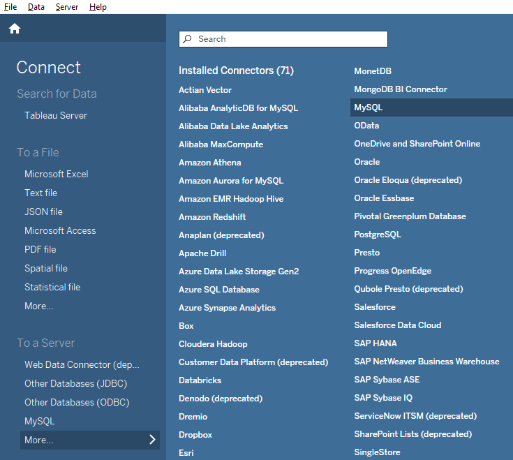 Интерфейс Tableau Desktop с меню Connect, где выделен вариант MySQL
