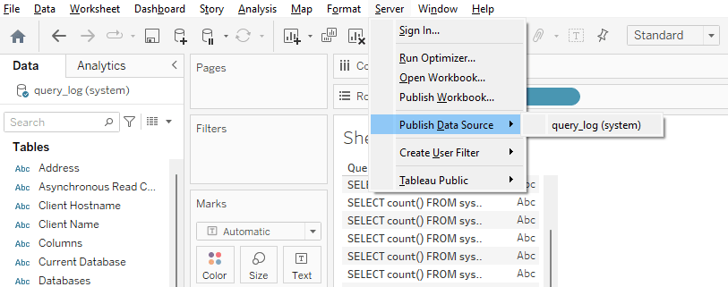 Tableau Desktop с меню Server, где выделен параметр Publish Data Source