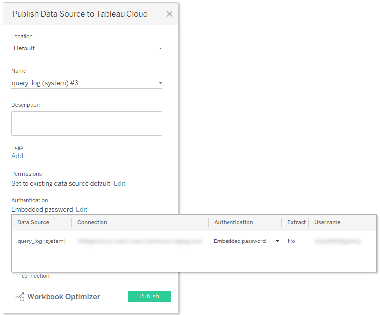 Диалог публикации Tableau Desktop, где в параметрах Authentication выбран вариант Embedded password