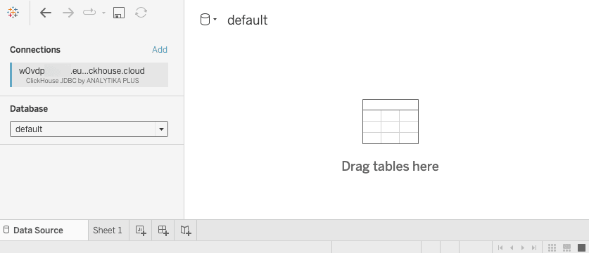 مصنف Tableau جديد يعرض شاشة الاتصال الأولية مع خيارات اختيار قاعدة البيانات