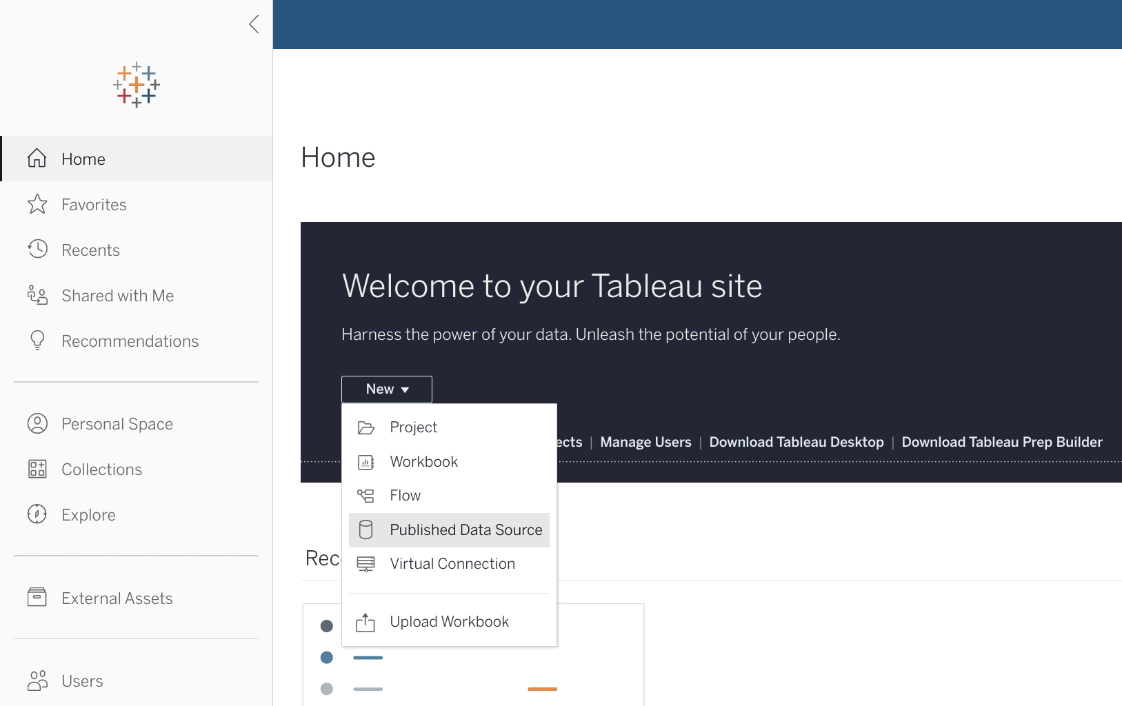 Интерфейс Tableau Online с кнопкой 'New' для создания опубликованного источника данных