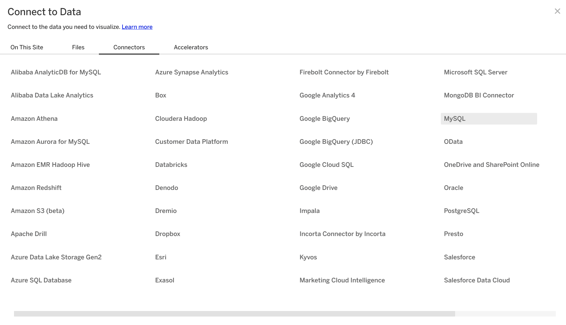 Экран выбора коннектора в Tableau Online с выделенным вариантом MySQL