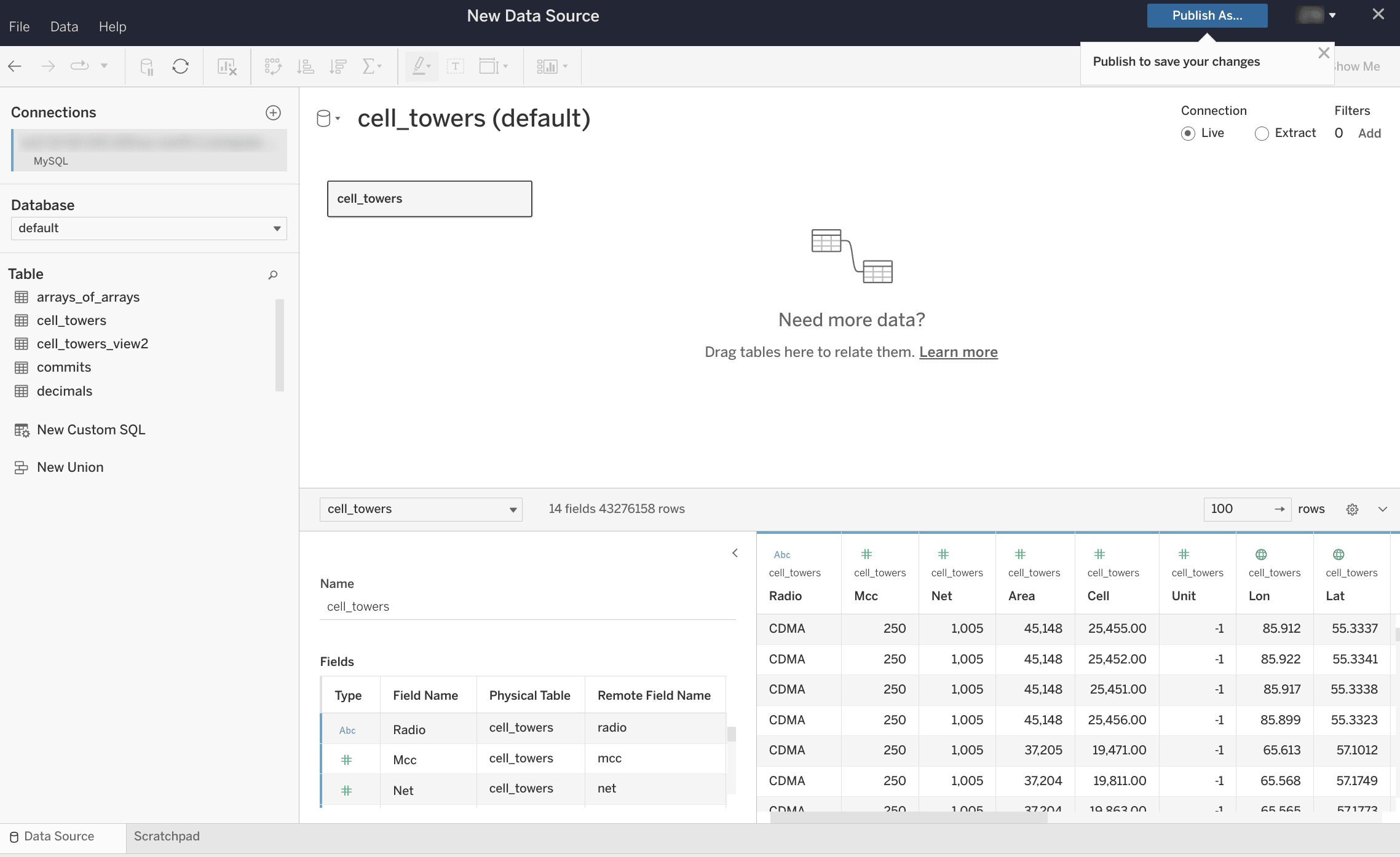 Страница источника данных в Tableau Online с таблицами базы данных слева и холстом справа с поддержкой drag-and-drop