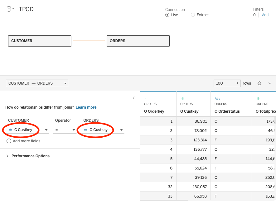 محرر العلاقات في Tableau يعرض الربط بين جدولي CUSTOMER وORDERS باستخدام الحقل Custkey