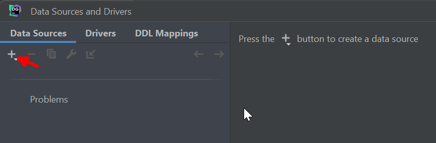 Aba Data Sources do DataGrip com o ícone + destacado