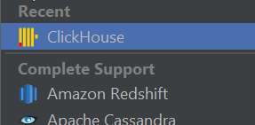 DataGrip selecionando ClickHouse na lista de fontes de dados