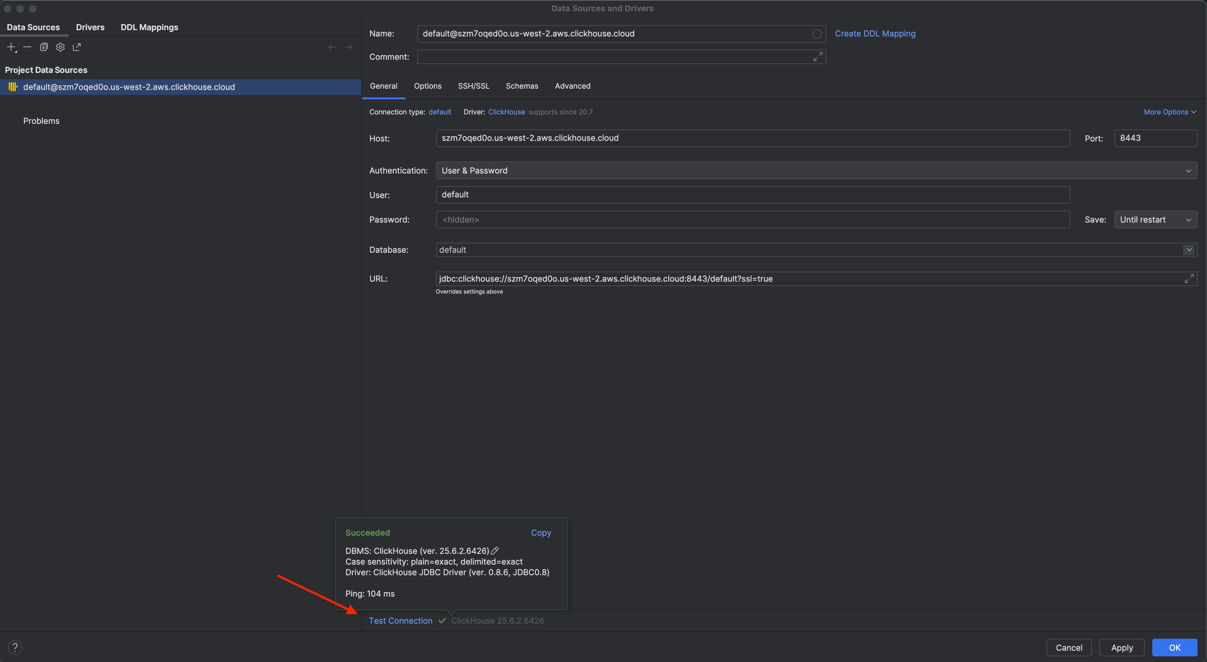 Formulário de detalhes da conexão do DataGrip com configurações do ClickHouse