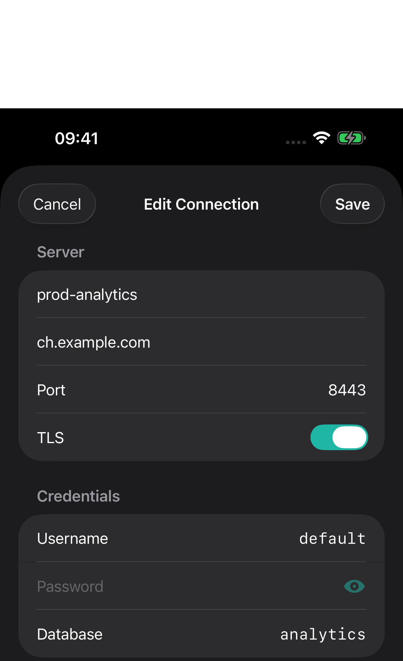 Formulaire de connexion ProbeDeck configuré pour HTTPS sur le port 8443 avec un nom d’utilisateur ClickHouse