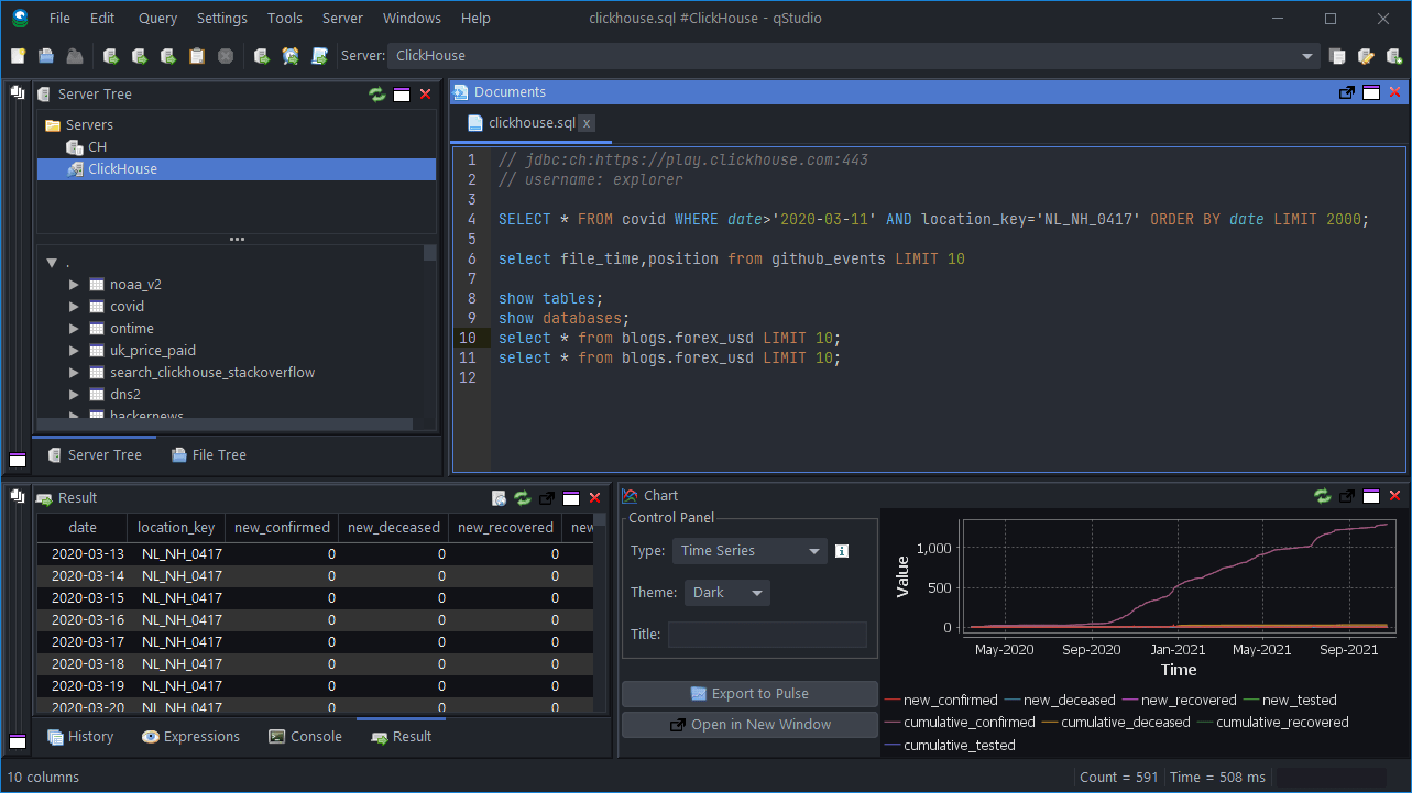 Interface QStudio montrant l’exécution d’une requête SQL d’exemple sur une base de données ClickHouse