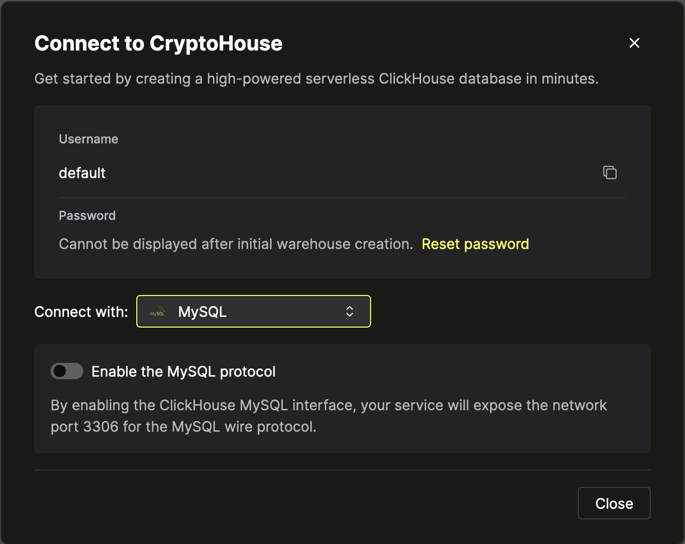 Tela de credenciais - MySQL selecionado