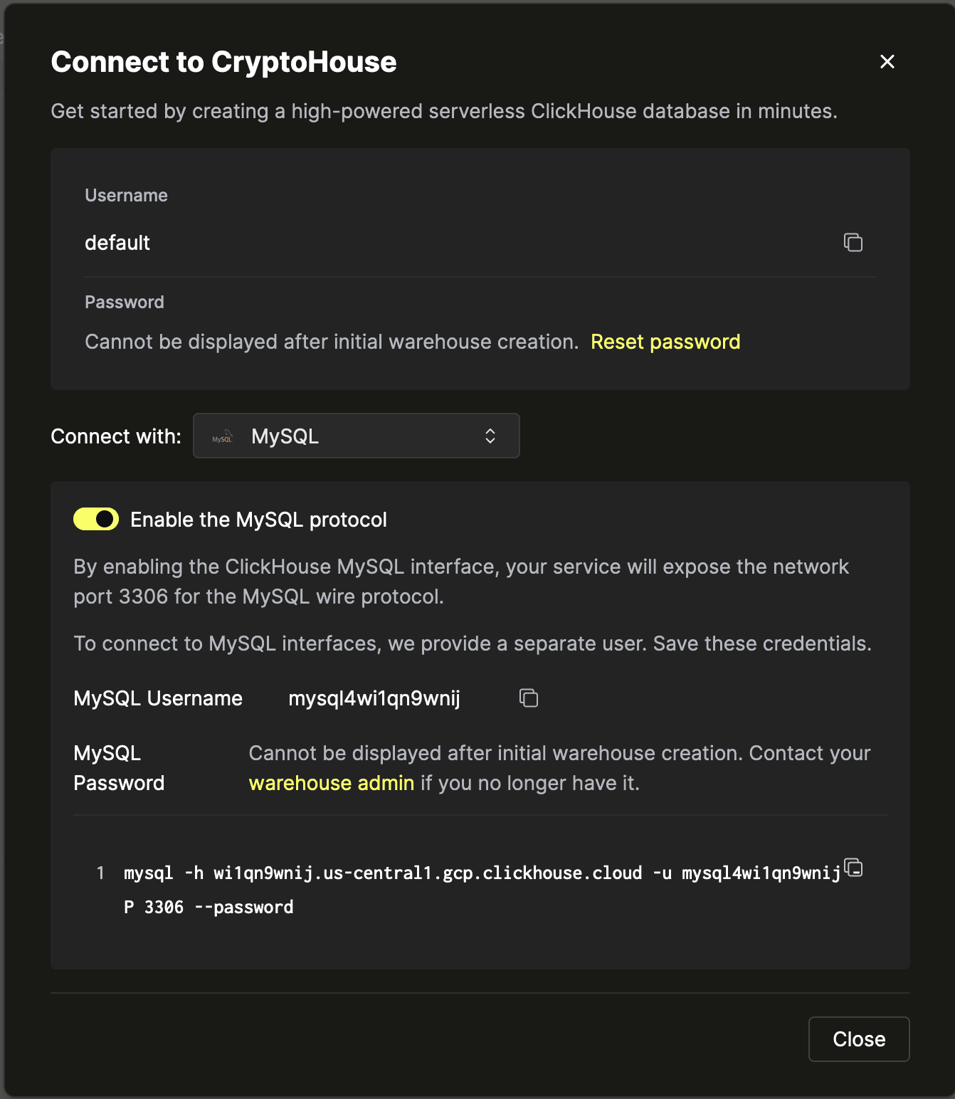 Tela de credenciais - MySQL habilitado