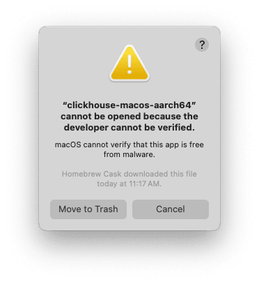 Диалог ошибки проверки разработчика в macOS