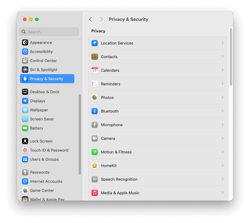 Стандартный вид настроек macOS «Конфиденциальность и безопасность»