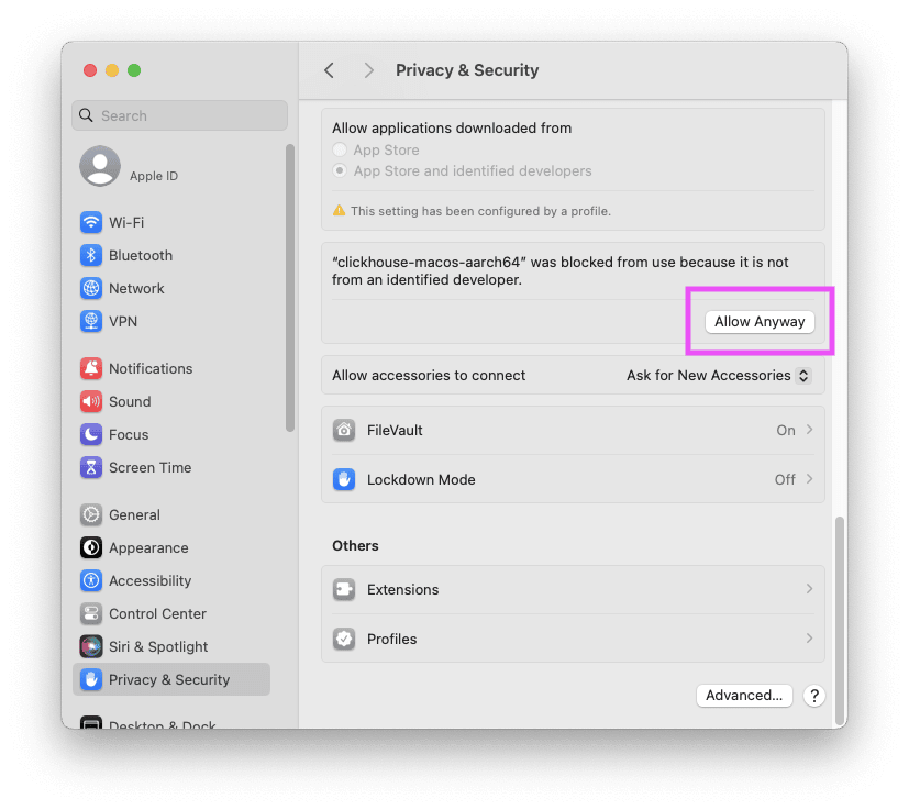 Настройки macOS «Конфиденциальность и безопасность» с кнопкой «Все равно разрешить»