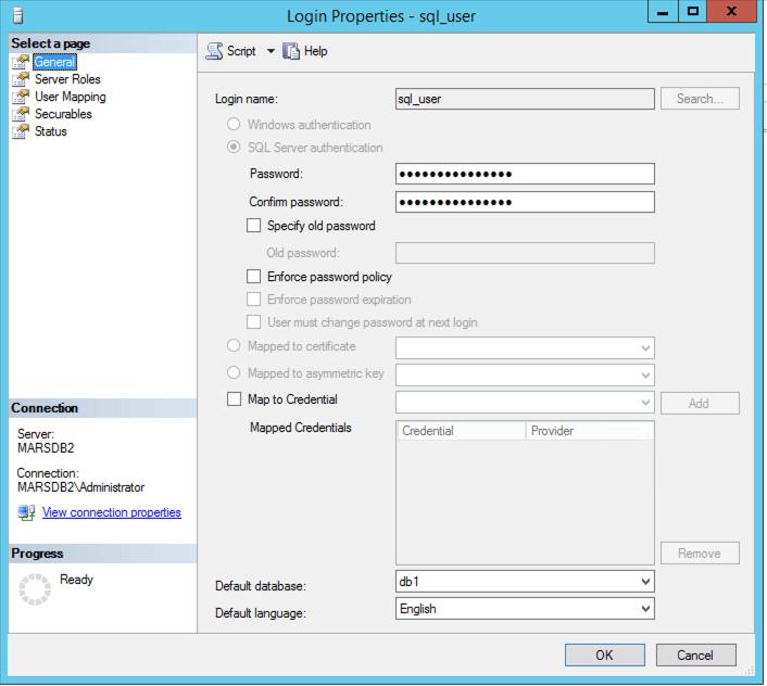 Configuración del usuario de inicio de sesión en MSSQL