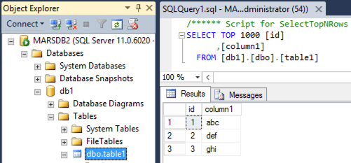 Estructura de la base de datos y la tabla en MSSQL